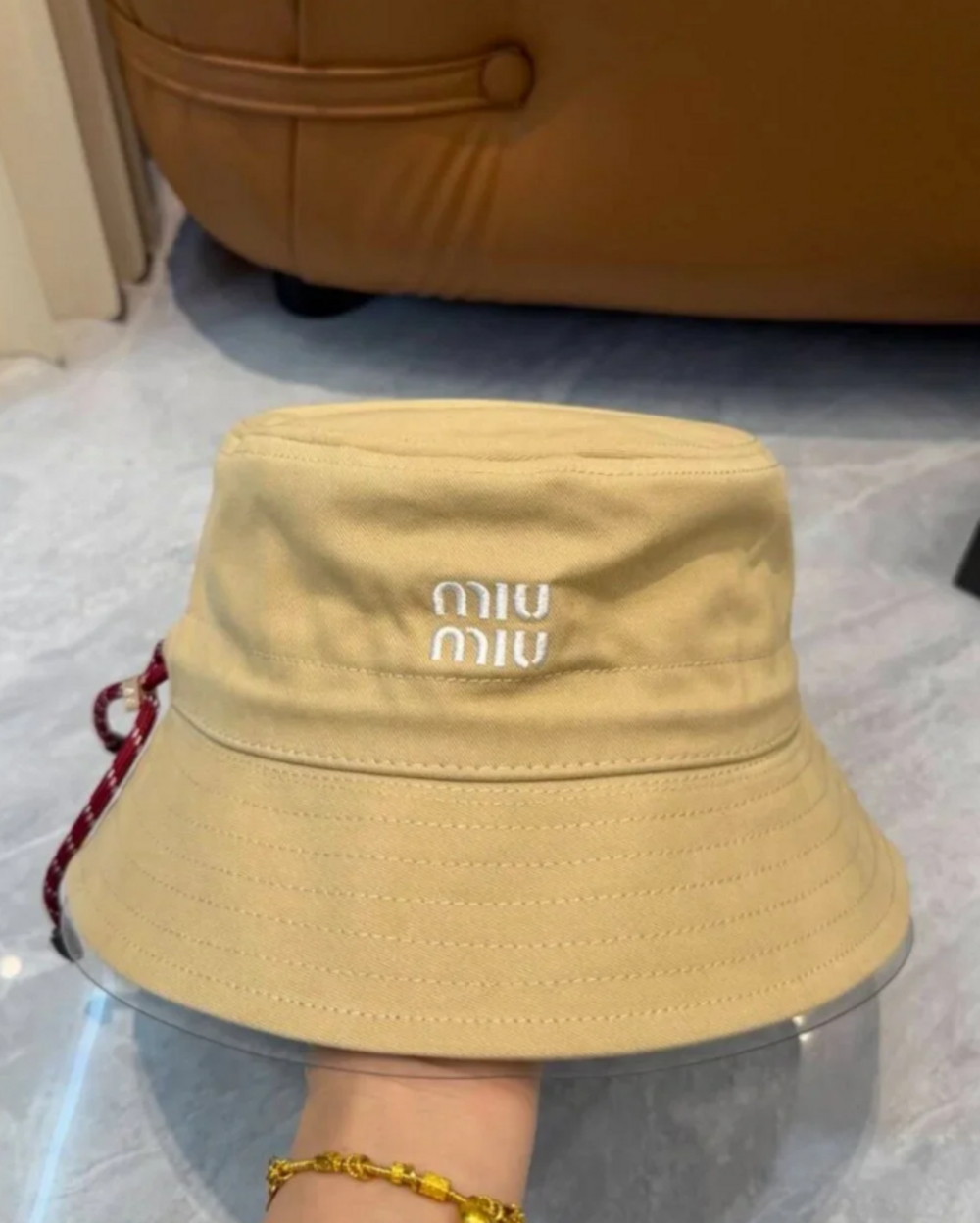 Miu Miu Beige Bucket Hat with Drawstring | Sun Hat